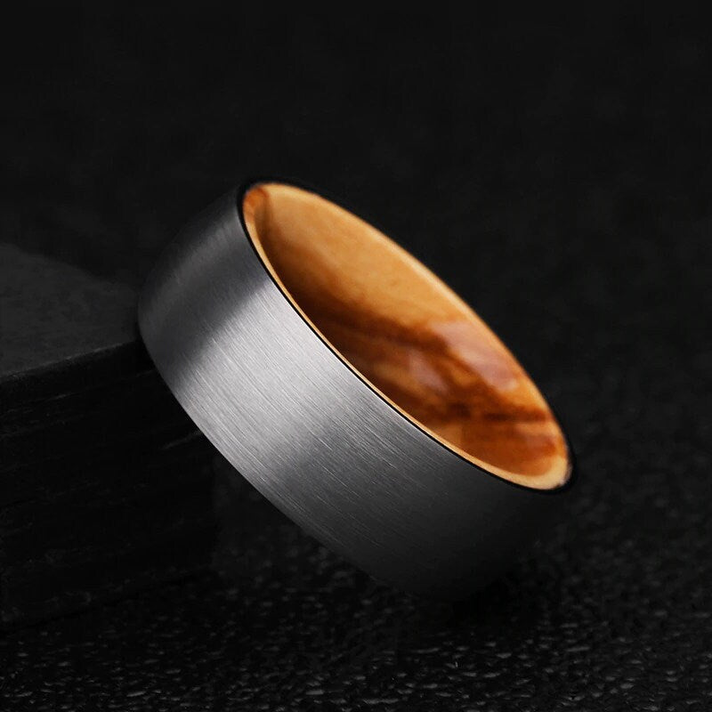 Silver Tungsten wood rings with Olive wood interior, 8mm width.