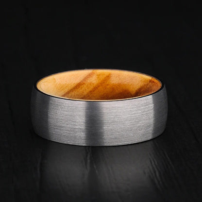 Brushed Tungsten wood wedding rings with Olive wood interior, 8mm width.