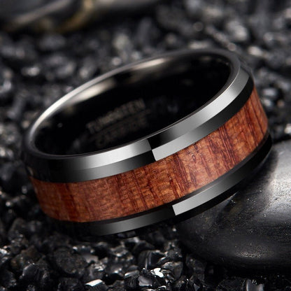 Wooden rings with 8mm black Tungsten band and Mahogany wood inlay.