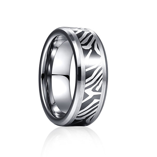 Zebra ring with an 8mm black and silver Tungsten band featuring a striped pattern.