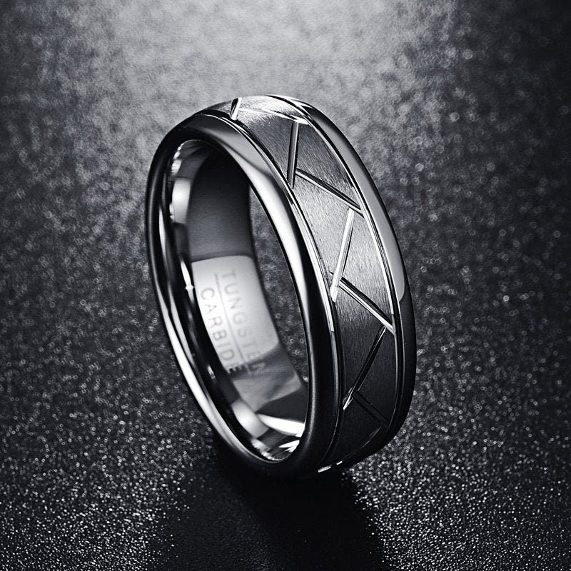 8mm silver Tungsten zig zag ring with brushed exterior and polished edges.